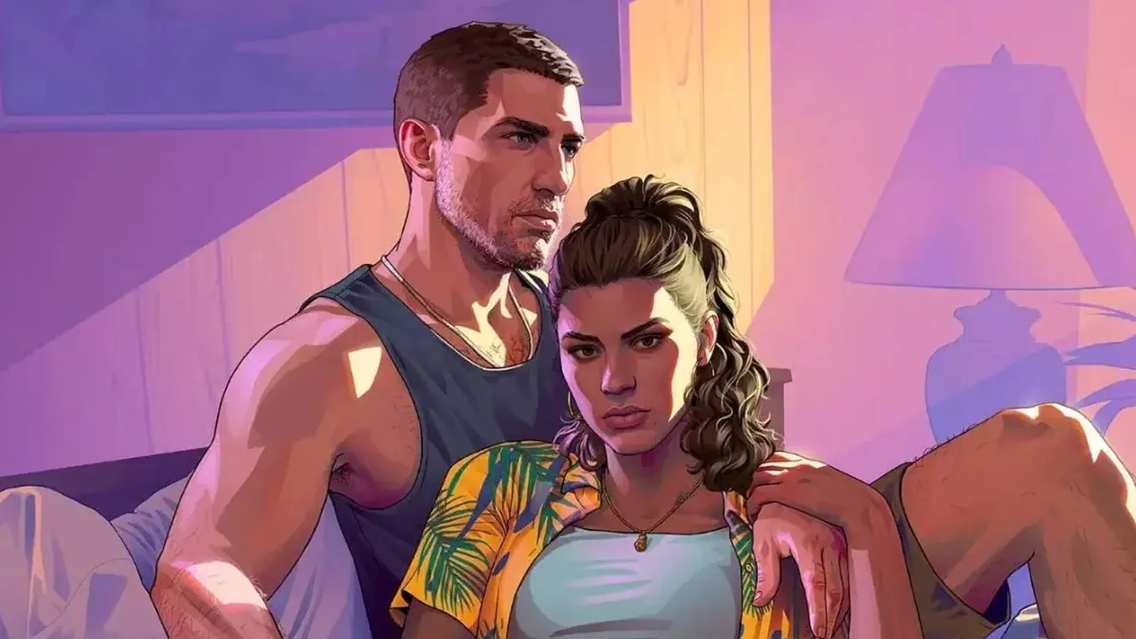 Arte oficial de Grand Theft Auto VI com o casal protagonista Lucia e Jason em tons de roxo e laranja