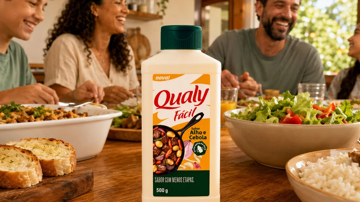 Garrafa da Qualy Fácil Alho e Cebola, de tampa verde, sobre a mesa de uma família à refeição
