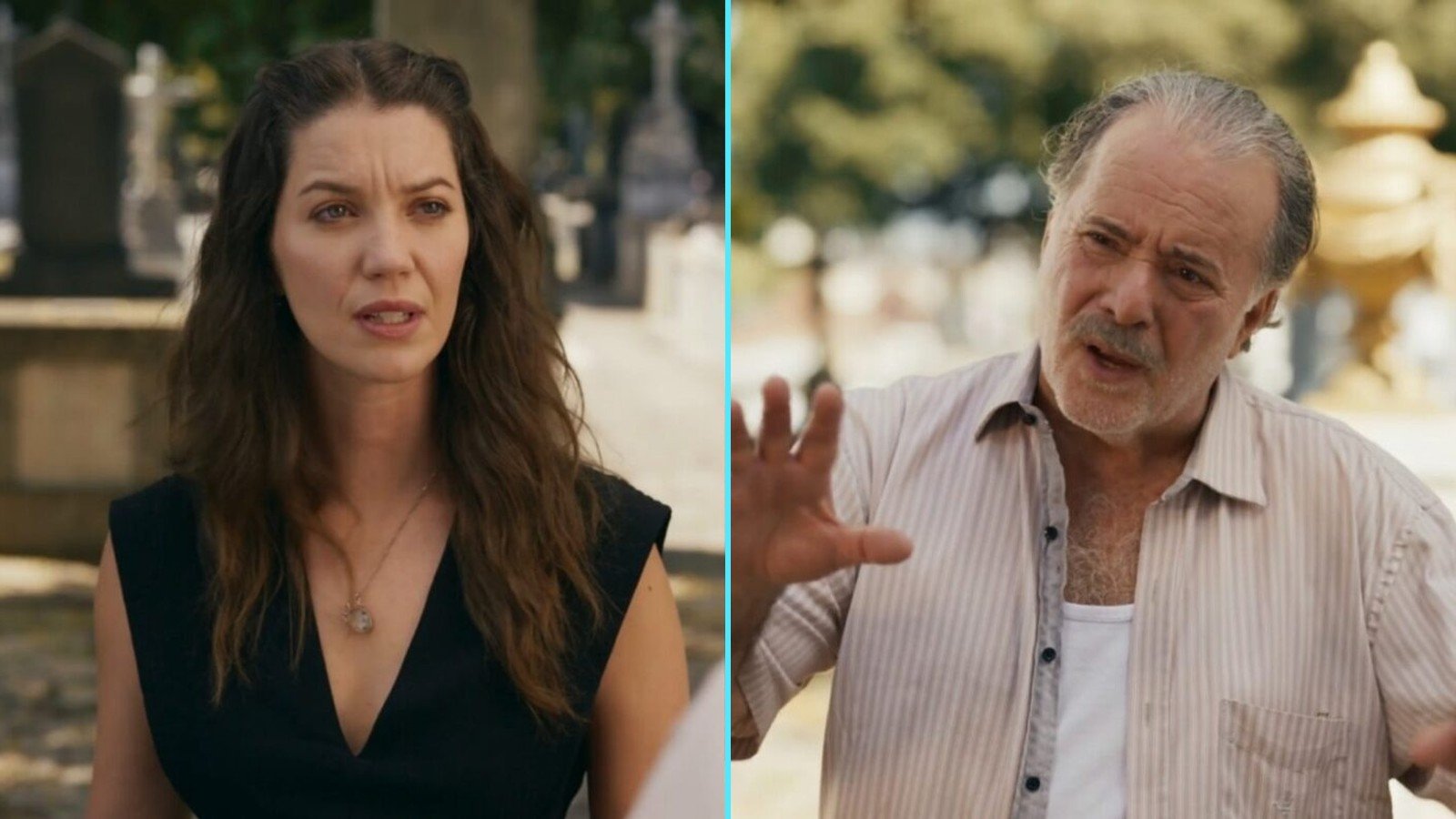 Nathalia Dill como Francesca e Tony Ramos como Otoniel, em cena no cemiterio