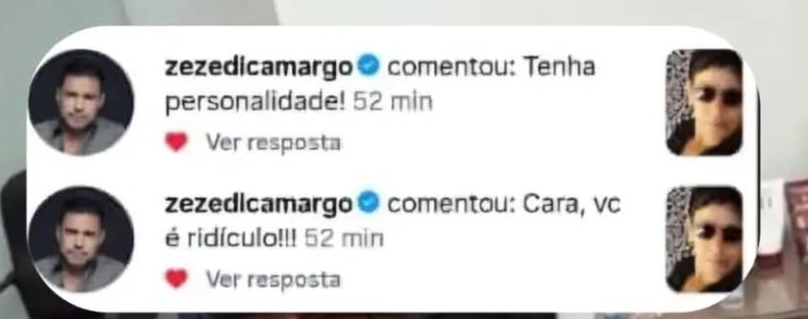 Print de notificações do Instagram mostrando dois comentários do perfil verificado zezedicamargo: 'Tenha personalidade!' e 'Cara, vc é ridículo!!!'