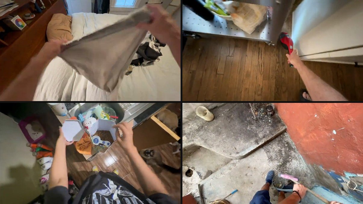 Quatro gravações em primeira pessoa: separar roupa sobre a cama, aspirar o piso, servir ração para o gato e varrer a área