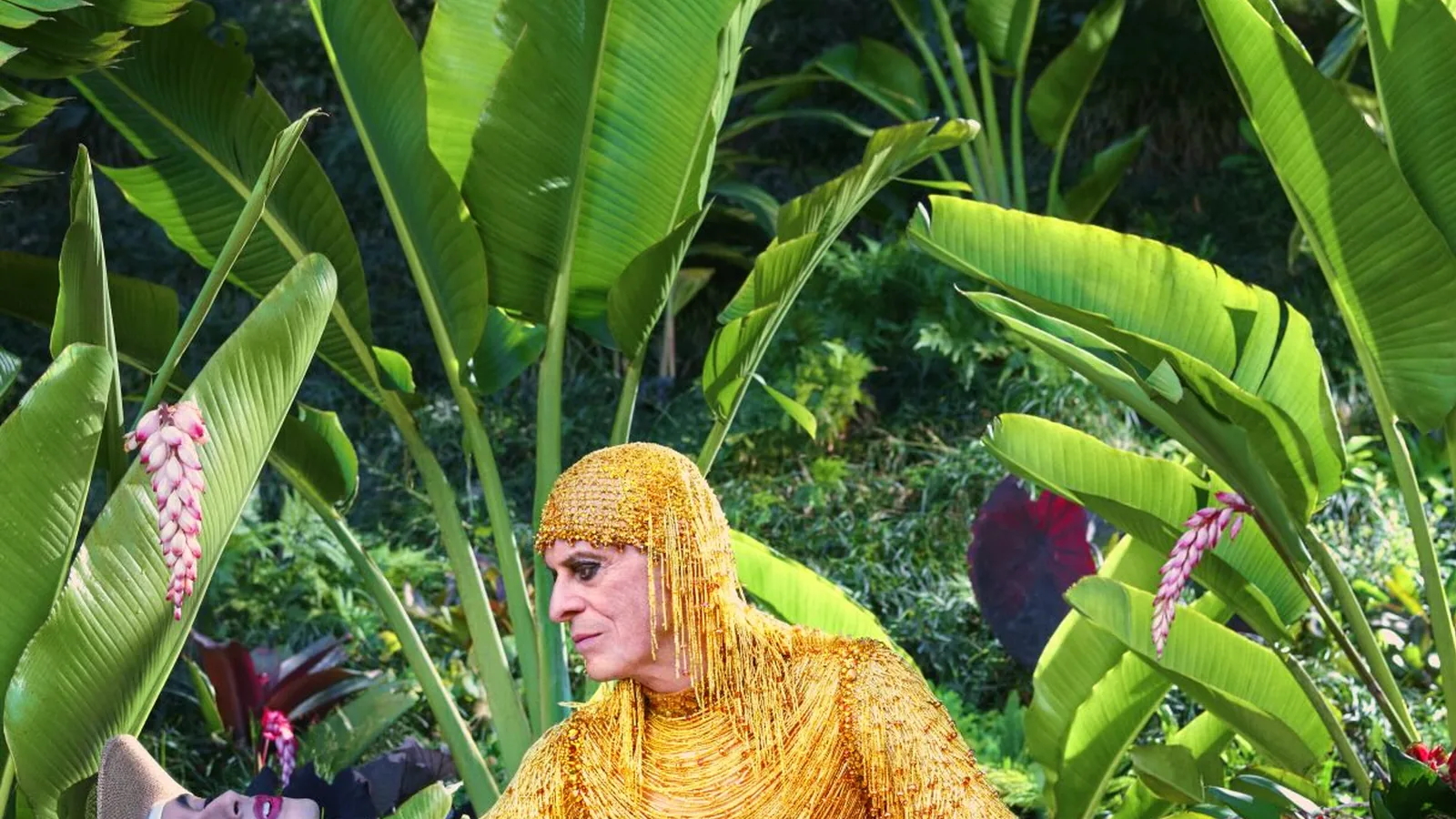 Ney Matogrosso de capuz e figurino dourado, em close, cercado por folhas de bananeira