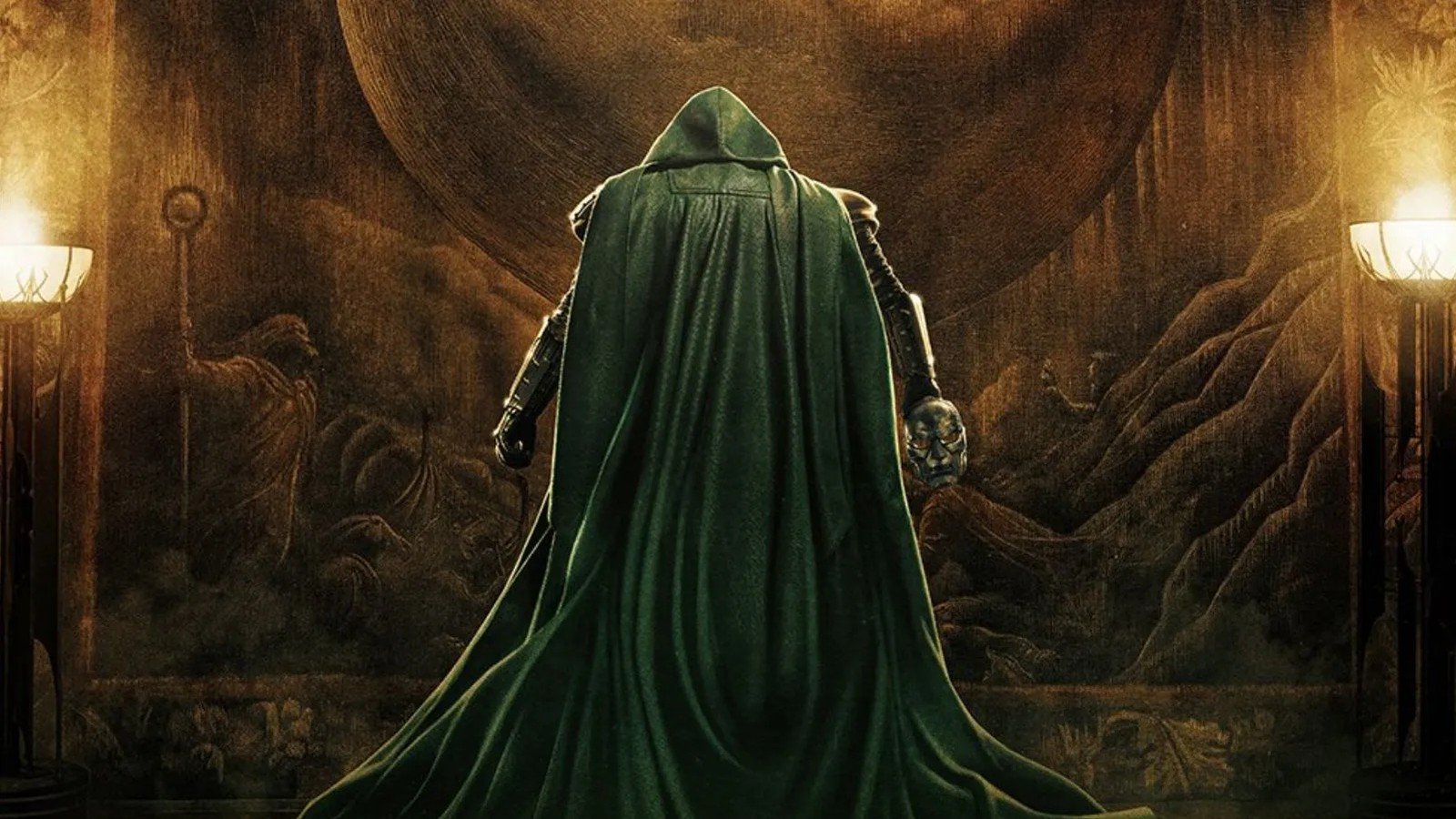 Doutor Destino de capa verde, de costas, diante do trono na sala do castelo da Latvéria
