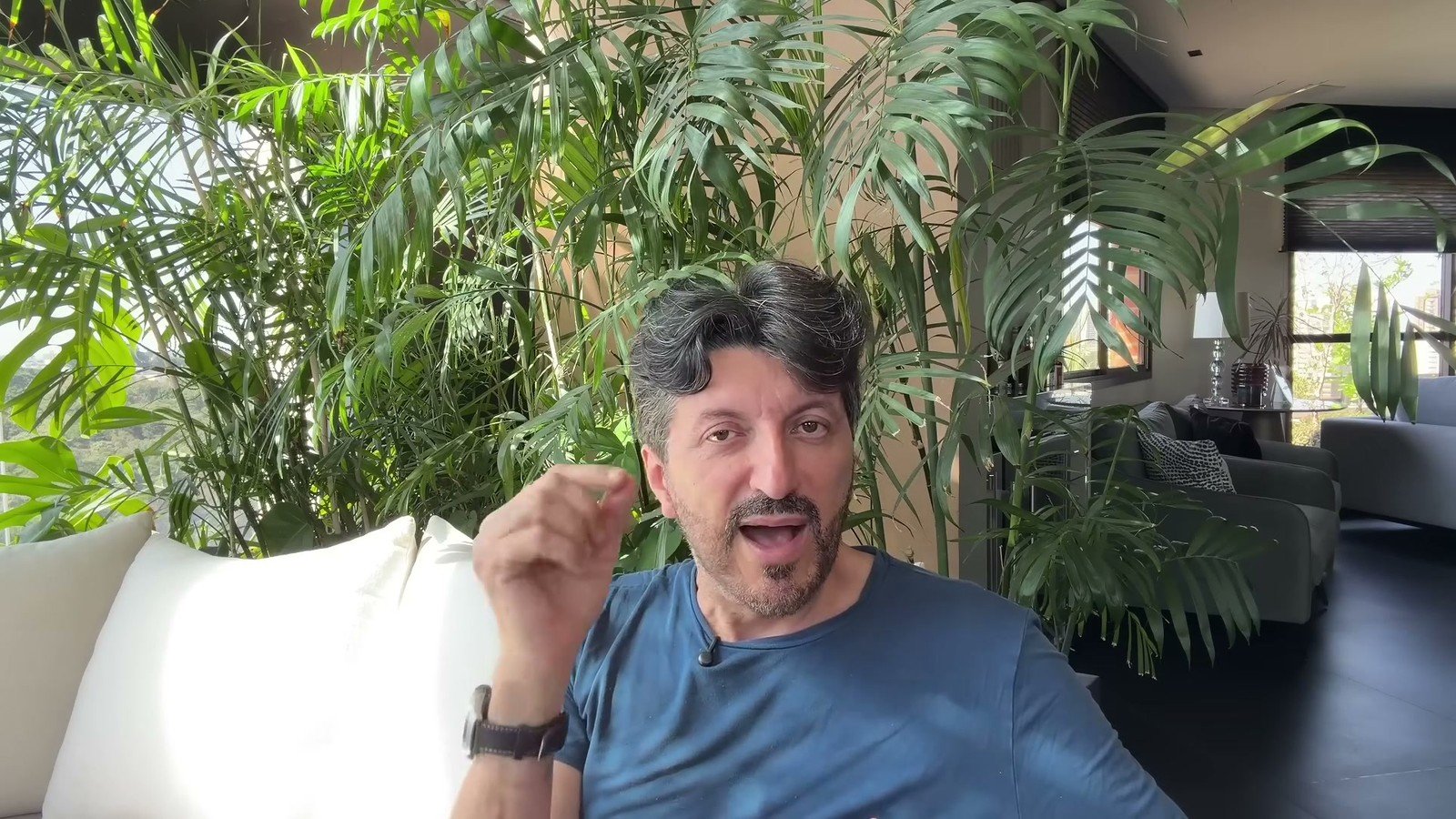 Lito Sousa falando para a camera em casa, com plantas ao fundo, no video de 2 de agosto