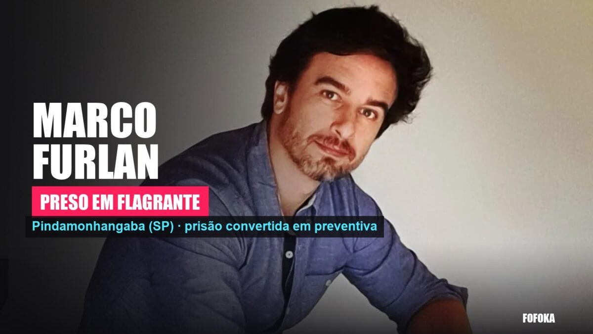 Marco Furlan, ator de 48 anos, em foto de perfil; tarja indica prisão em flagrante em Pindamonhangaba