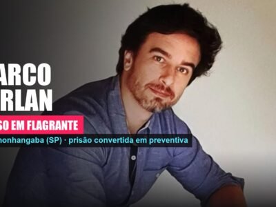 Marco Furlan, ator de 48 anos, em foto de perfil; tarja indica prisão em flagrante em Pindamonhangaba