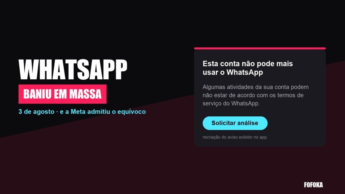 Arte com o aviso de conta banida do WhatsApp e o botão de solicitar análise