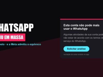 Arte com o aviso de conta banida do WhatsApp e o botão de solicitar análise