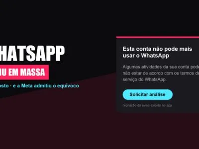 Arte com o aviso de conta banida do WhatsApp e o botão de solicitar análise