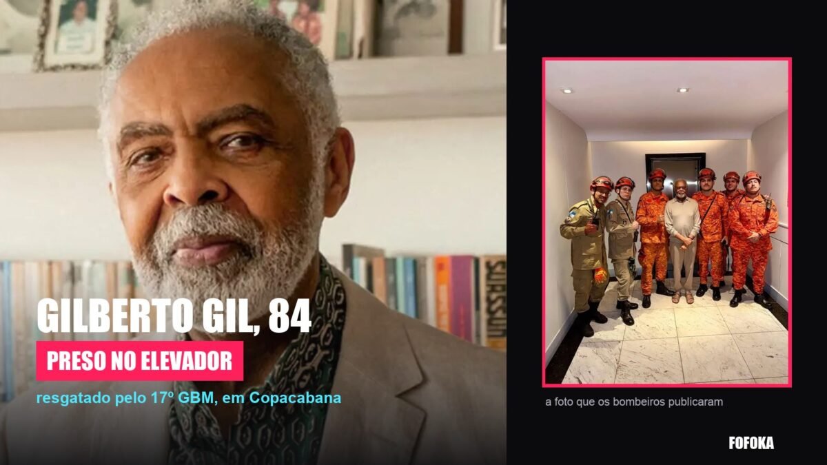 Montagem com retrato de Gilberto Gil e a foto do resgate feita pelos bombeiros