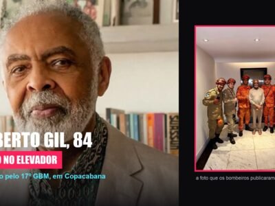 Montagem com retrato de Gilberto Gil e a foto do resgate feita pelos bombeiros