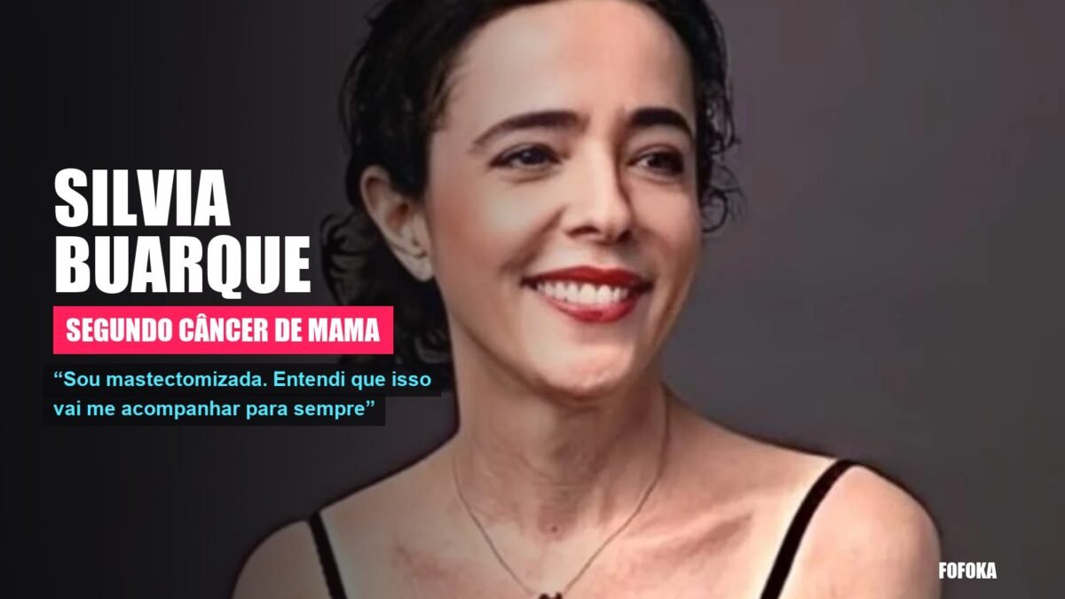 Retrato da atriz Silvia Buarque sorrindo, com tarja sobre o segundo câncer de mama