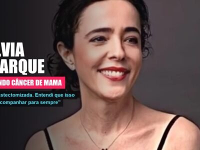 Retrato da atriz Silvia Buarque sorrindo, com tarja sobre o segundo câncer de mama
