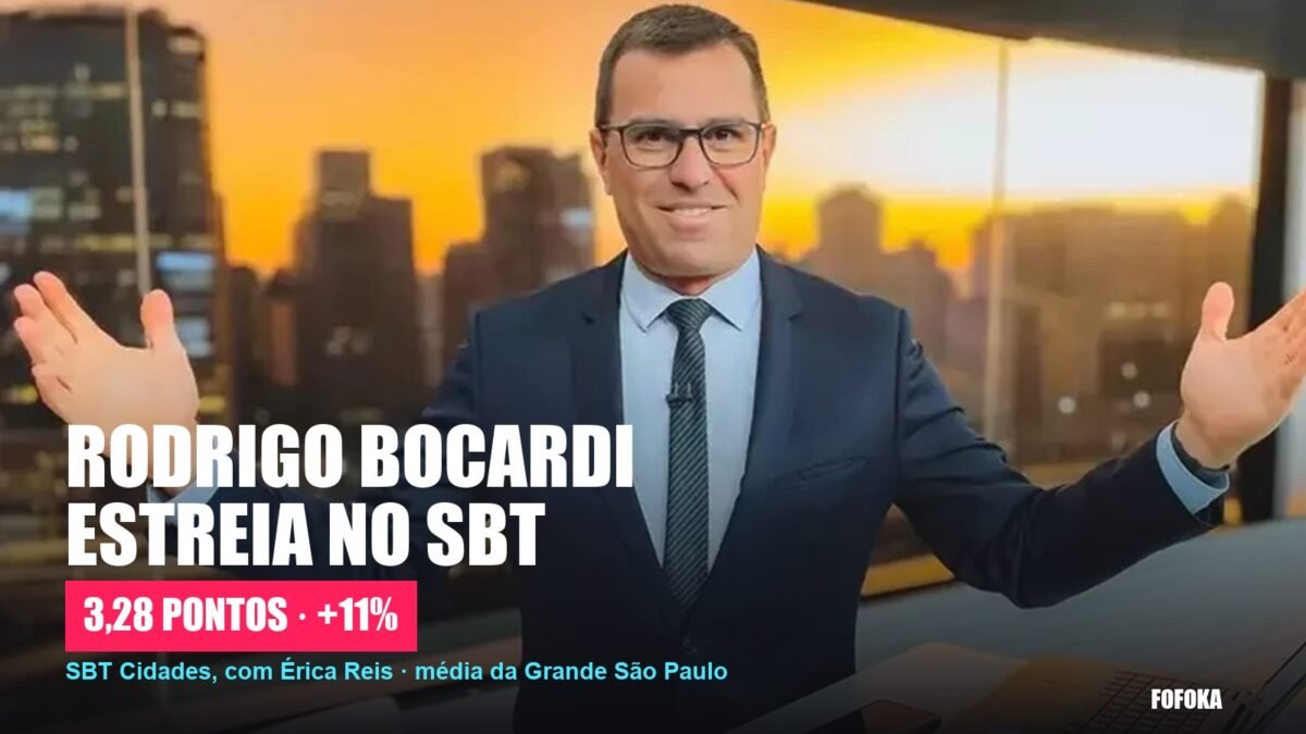 Rodrigo Bocardi no estúdio do SBT Cidades, com tarja sobre a audiência da estreia
