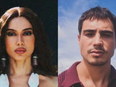 Montagem com Anitta à esquerda, de brincos brancos, e Danilo Mesquita à direita, de camisa vinho