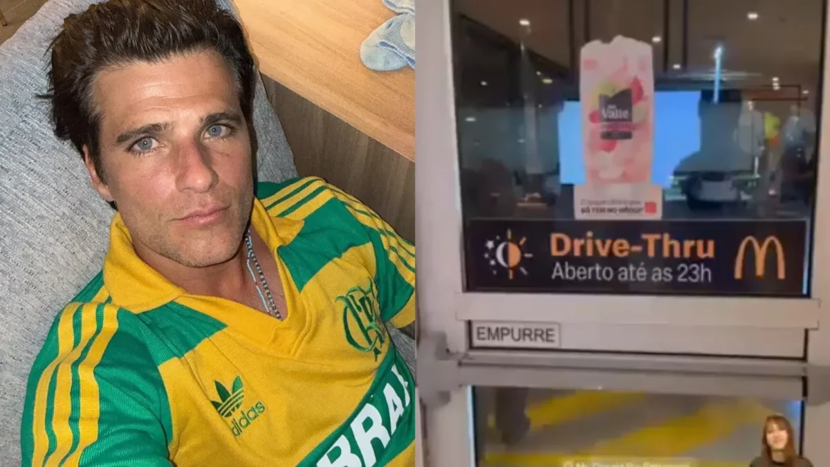 Bruno Gagliasso de camisa da seleção brasileira ao lado da porta de um McDonald's com placa de Drive-Thru aberto até as 23h