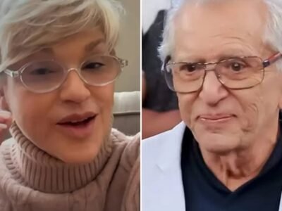 Montagem com Andrea Nobrega falando para a camera, de gola alta rosa, e Carlos Alberto de Nobrega de blazer branco