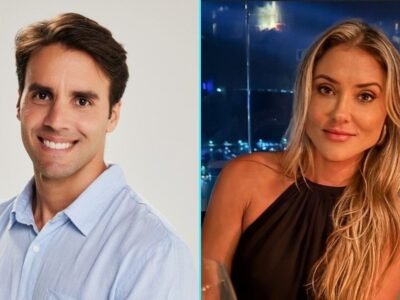 Montagem com Daniel Cady de camisa azul a esquerda e Carol Magalhaes de vestido preto a direita