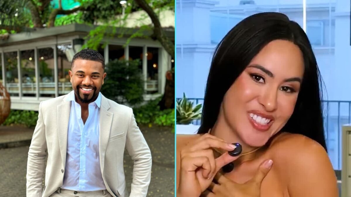 Davi Brito em foto do Instagram dele e Isabelle Nogueira no canal de vídeos dela. Reprodução/Instagram @daviooficialll e YouTube Isabelle Nogueira