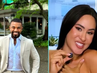 Montagem com Davi Brito de terno claro à esquerda e Isabelle Nogueira sorrindo à direita