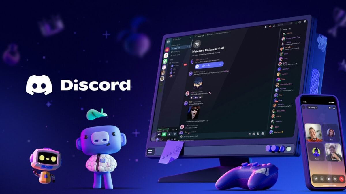 Marca do Discord ao lado da tela do aplicativo aberta em um computador e em um celular