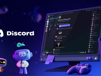 Marca do Discord ao lado da tela do aplicativo aberta em um computador e em um celular