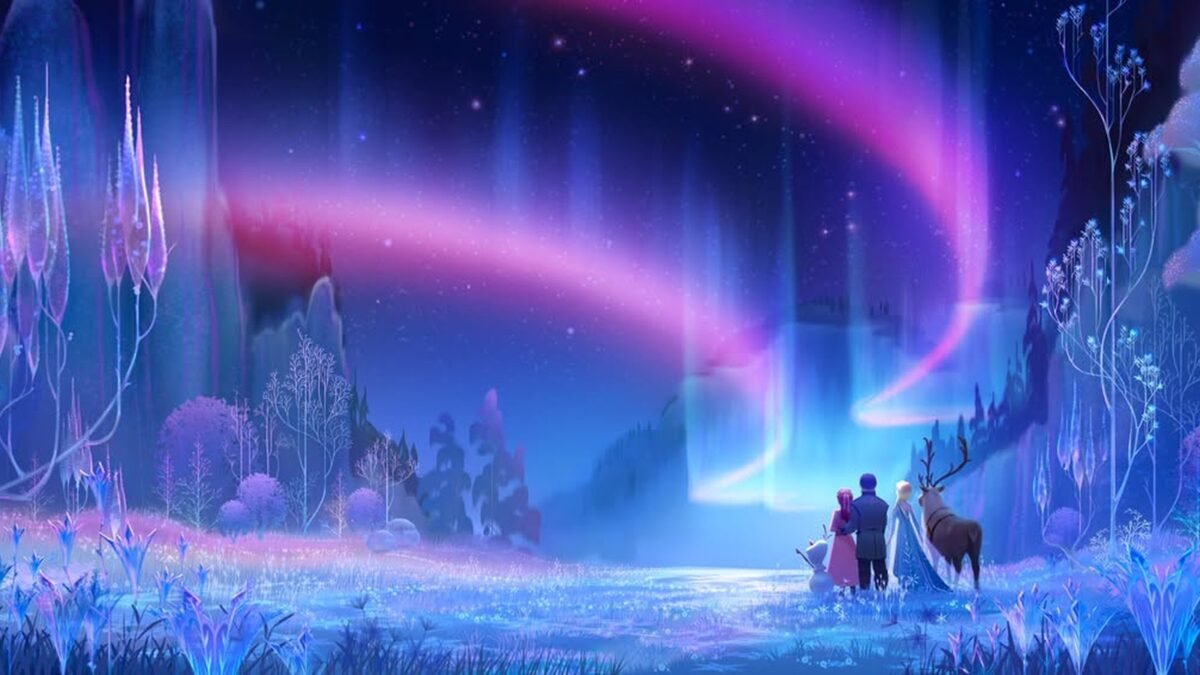 Concept art de Frozen 3: aurora rosa e roxa sobre uma paisagem gelada, com Anna, Elsa, Kristoff e Sven ao longe