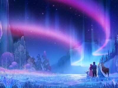 Concept art de Frozen 3: aurora rosa e roxa sobre uma paisagem gelada, com Anna, Elsa, Kristoff e Sven ao longe