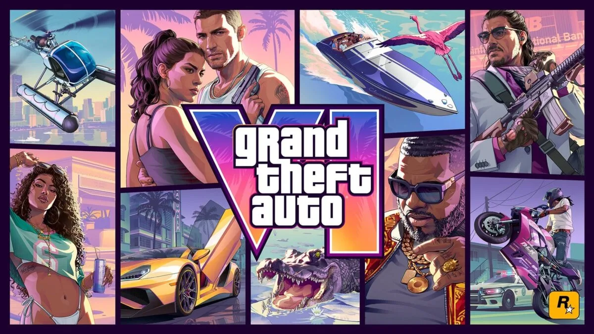 Arte de capa oficial de Grand Theft Auto VI com o logo ao centro e cenas de Vice City