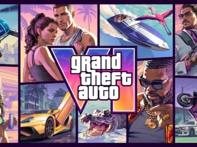 Arte de capa oficial de Grand Theft Auto VI com o logo ao centro e cenas de Vice City