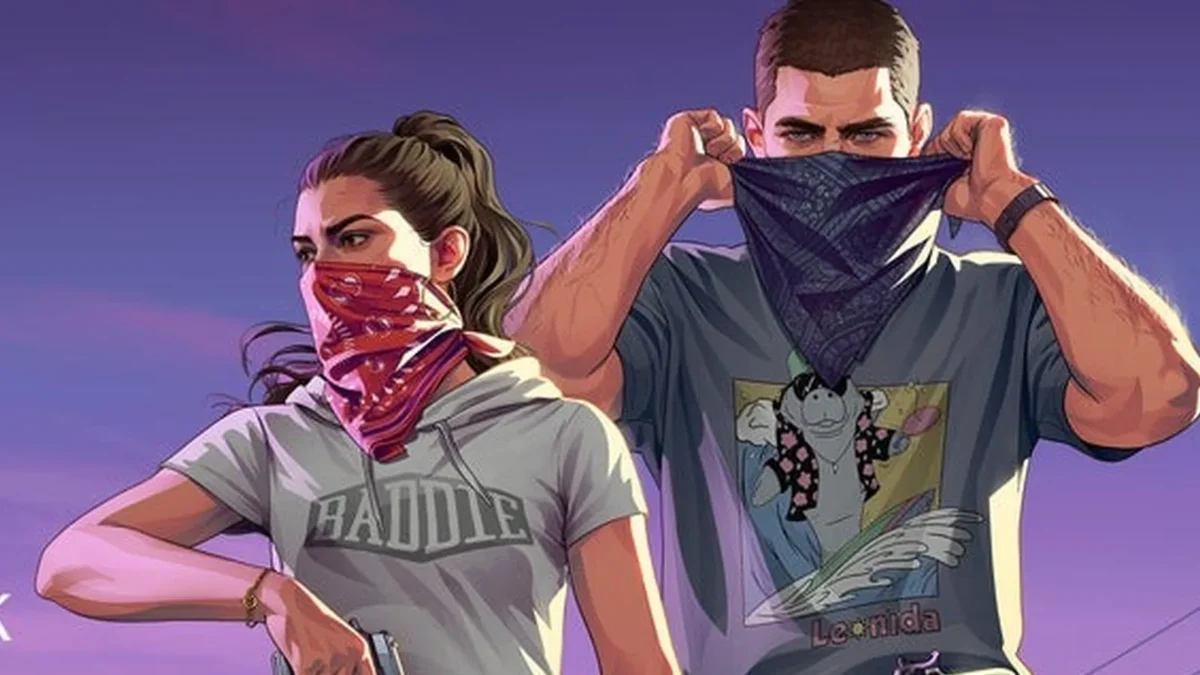Arte oficial de Grand Theft Auto VI com o casal protagonista puxando bandanas sobre o rosto e o aviso Netflix, 27 de agosto, 3 PM ET