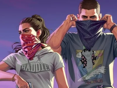 Arte oficial de Grand Theft Auto VI com o casal protagonista puxando bandanas sobre o rosto e o aviso Netflix, 27 de agosto, 3 PM ET