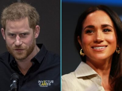 Montagem com o principe Harry a esquerda e Meghan Markle a direita