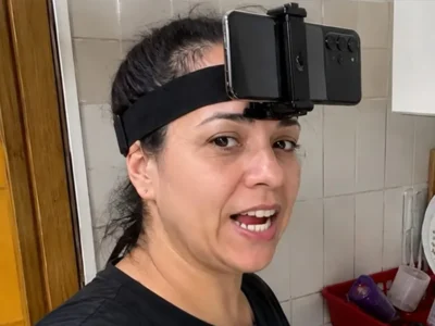 Mulher com celular preso à testa por faixa de cabeça, numa cozinha, gravando tarefa doméstica