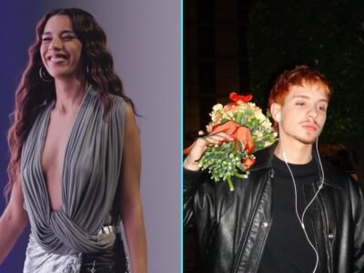 Montagem com Marina Sena sorrindo no palco à esquerda e Juliano Floss de jaqueta de couro à direita