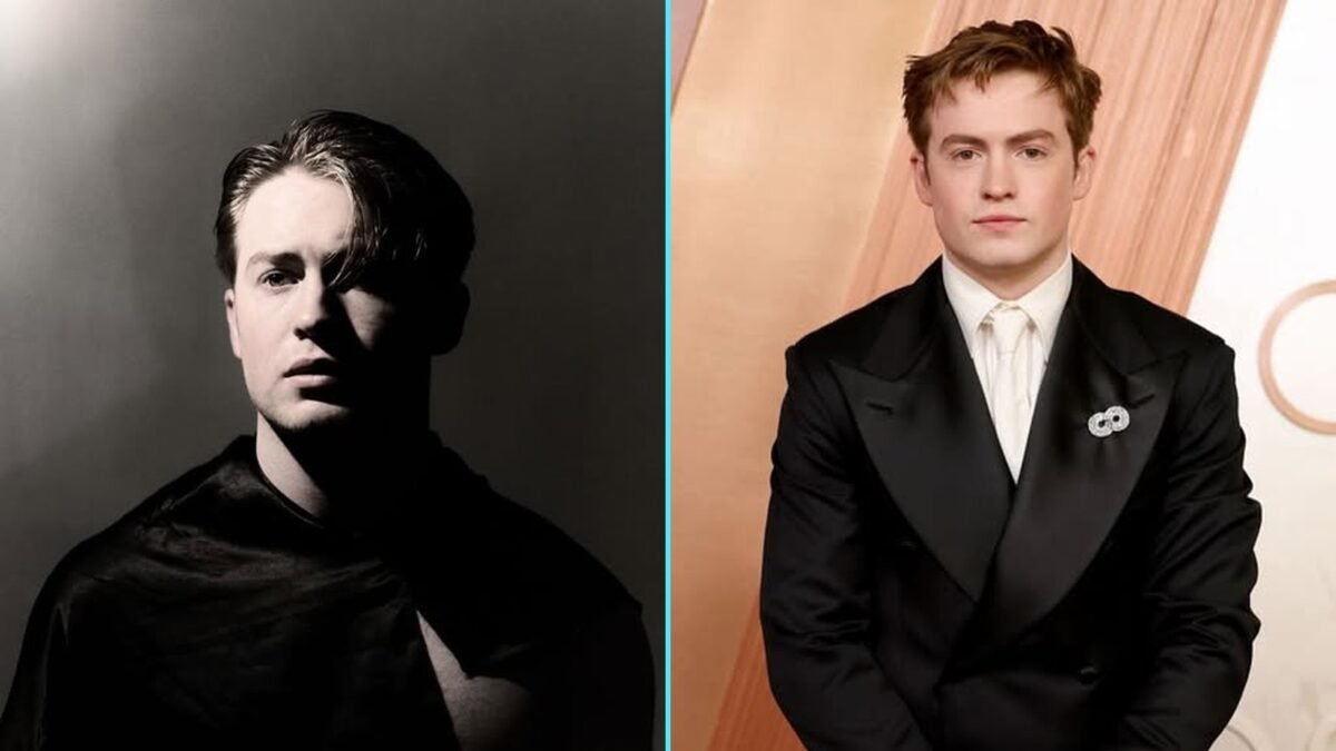 Montagem com dois retratos de Kit Connor: um em preto e branco, de estúdio, e outro de smoking preto em tapete vermelho