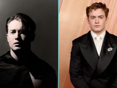 Montagem com dois retratos de Kit Connor: um em preto e branco, de estúdio, e outro de smoking preto em tapete vermelho