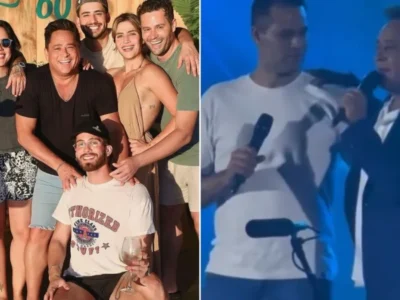 Leonardo ao lado dos filhos e no palco com Pedro Leonardo