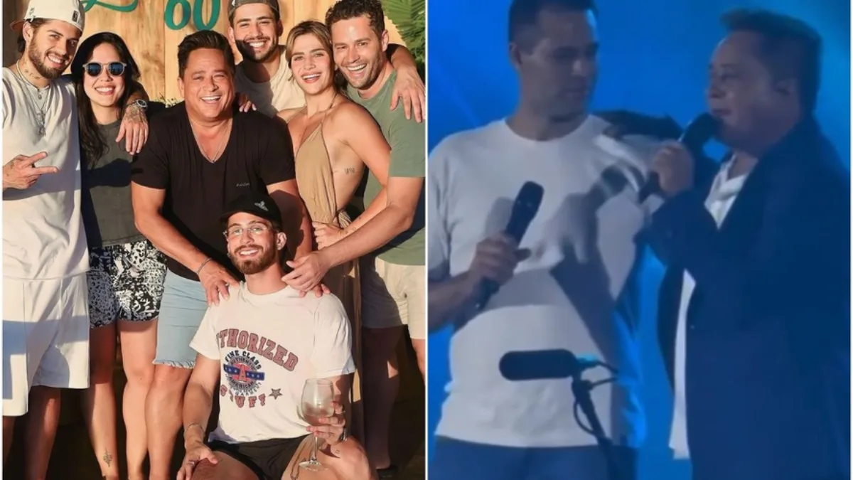 Leonardo ao lado dos filhos e no palco com Pedro Leonardo