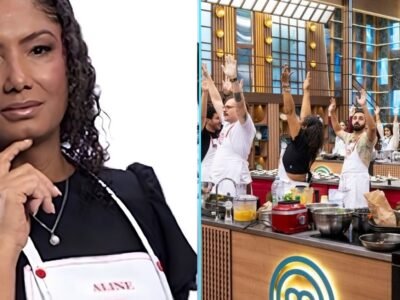 Aline, participante do MasterChef Brasil 2026, com o avental do programa, ao lado da cozinha do reality