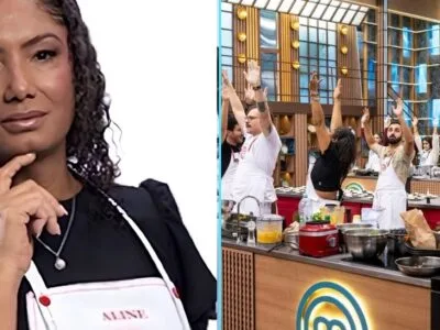 Aline, participante do MasterChef Brasil 2026, com o avental do programa, ao lado da cozinha do reality