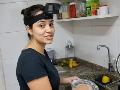 Mulher com câmera presa à testa por faixa de cabeça, lavando louça numa cozinha