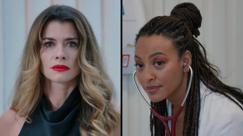 Split screen com Vanessa de batom vermelho à esquerda e Bela de jaleco e estetoscópio à direita