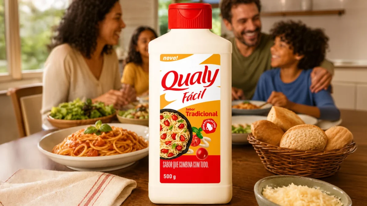 Garrafa da Qualy Fácil Tradicional, de tampa vermelha, sobre a mesa de uma família à refeição, com pratos de massa, salada e pão