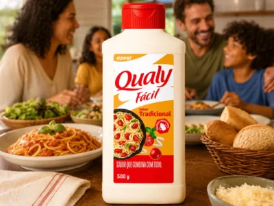 Garrafa da Qualy Fácil Tradicional, de tampa vermelha, sobre a mesa de uma família à refeição, com pratos de massa, salada e pão