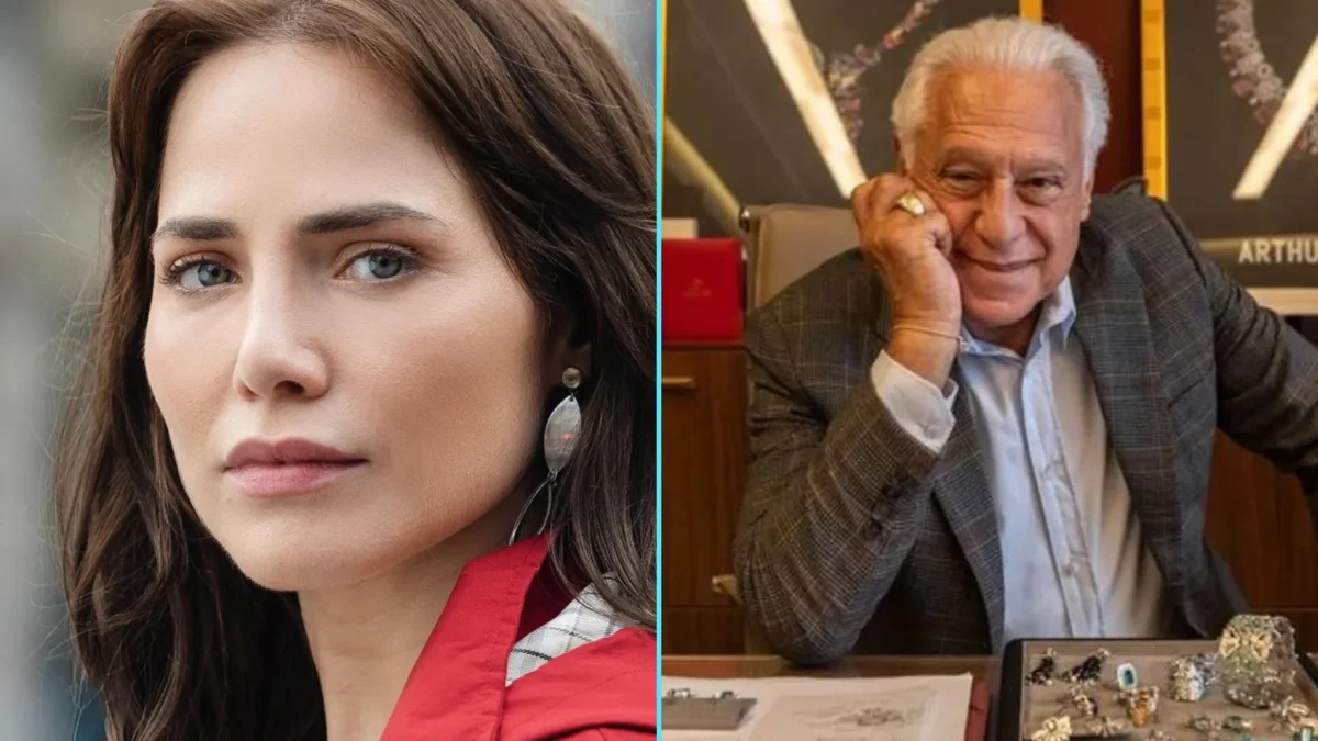 Montagem com Letícia Colin como Adriana, de jaqueta vermelha, e Antônio Fagundes como Arthur Brandão sentado na joalheria da família