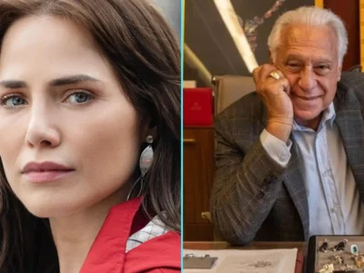 Montagem com Letícia Colin como Adriana, de jaqueta vermelha, e Antônio Fagundes como Arthur Brandão sentado na joalheria da família