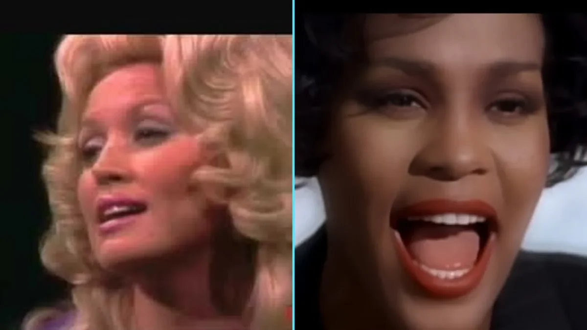 Montagem com Dolly Parton nos anos 1970 à esquerda e Whitney Houston cantando à direita
