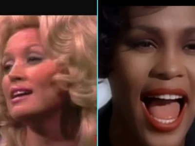 Montagem com Dolly Parton nos anos 1970 à esquerda e Whitney Houston cantando à direita