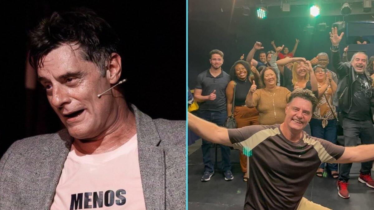 Montagem: Renato Scarpin em cena no palco, de microfone headset, e ele de braços abertos ao lado de um grupo de espectadores no palco